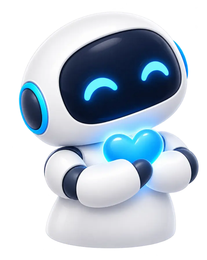 Lonco, un robot blanco de ojos azules que abraza un corazón